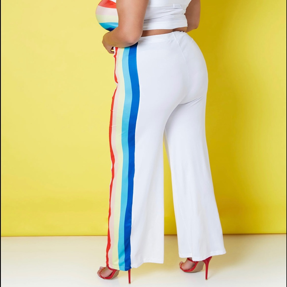 Rebdolls White Wide Leg Pants with Multicolor Side Stripes - Picture 2 of 7